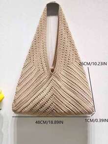 返校季韩系ins风小众设计多功能编织镂空大容量通勤休闲简约单肩腋下手提包，适合户外购物 - 杏色 - 查看 5