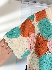 Wixra Macaron Heart Crochet Cardigan, Sweet Hollow Out Short Knit Top - Pink Green - View 6