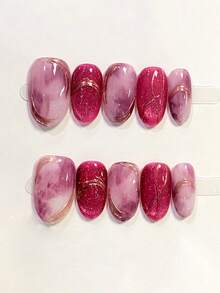 10片手工椭圆形短款美甲贴片，粉色，奢华甜美风格，粉紫色扎染，精致闪粉猫眼，手绘金线，细腻压感甲片，适合女性和女孩，春、夏、秋、冬四季皆宜，节日、派对及日常佩戴美甲用品。 - 彩色 - 查看 1