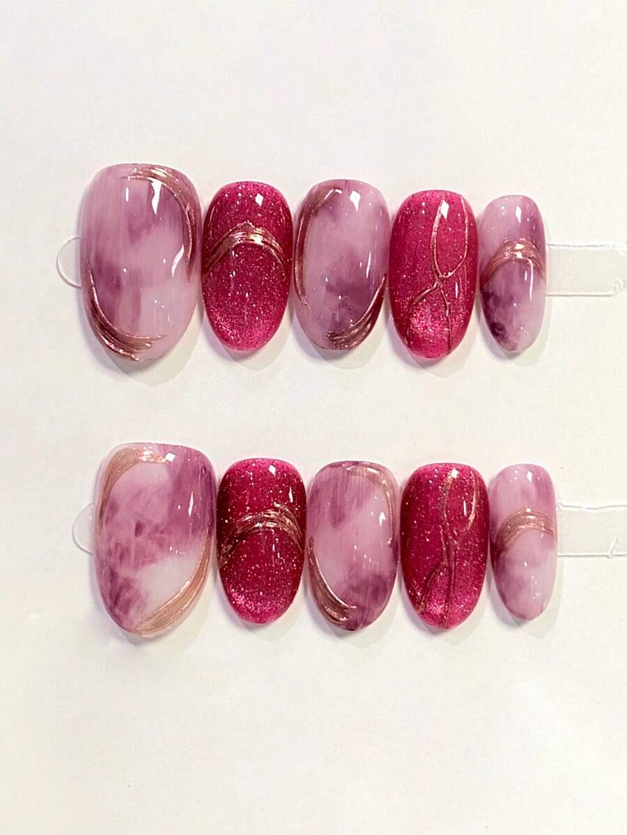 10片手工椭圆形短款美甲贴片，粉色，奢华甜美风格，粉紫色扎染，精致闪粉猫眼，手绘金线，细腻压感甲片，适合女性和女孩，春、夏、秋、冬四季皆宜，节日、派对及日常佩戴美甲用品。 - 彩色 - 查看 1