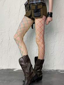 1 Pair New Rainbow Fishnet Socks And Pantyhose, Large Mesh Fishnet Socks, Personalized Silk Socks, Hollow-Out Socks, Colorful Mesh Socks, Y2K Style Socks, Sexy Punk Pantyhose, Suitable For Daily Wear - Multicolor - View 7