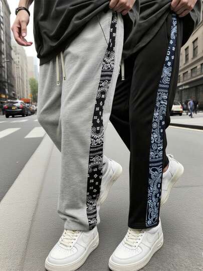 Men's Casual Outdoor Pants With Drawstring Waist, Side Pockets, And Unique Printed Design, Suitable For Casual, Office, And Party Occasions