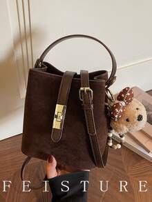 复古丝绒水桶包，女士手提包单肩斜挎包，带吊坠，适合女孩、女士、大学生、年轻职业女性和上班族，非常适合工作、商务、通勤和上学使用。 - 咖啡 - 查看 9