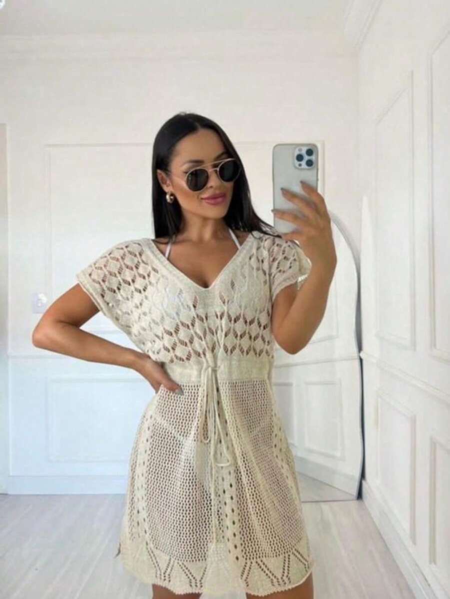 Beach Cover-Up Short Knit Dress With Adjustable Strap - Blanco - Ver 1