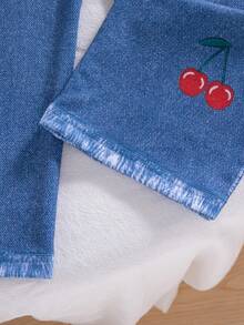 2 Potong Setelan Kasual Anak Perempuan, Atasan Lengan Panjang Motif Ceri Bordir Warna Polos dan Celana Motif Denim Imitasi, Musim Semi/Musim Gugur - Putih - View 10