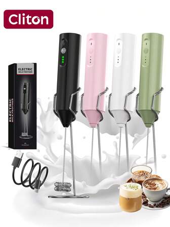 CLITON Black/White/Green/Pink Optional Portable Electric Milk Frother Coffee Foam Maker, Rechargeable With Charging Base & Multiple Whisks, High-Speed Mixer For Hot Chocolate Cappuccino Latte, Christmas Gift For Coffee Lovers With Durable Design