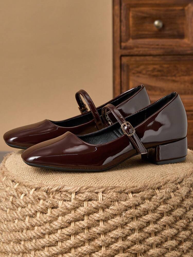 3cm Heel Coffee Square Toe Slip-On Pumps, Suitable For Work, Casual, Formal Occasions, Retro Black, Khaki, Fashionable And Versatile - Brown - View 5