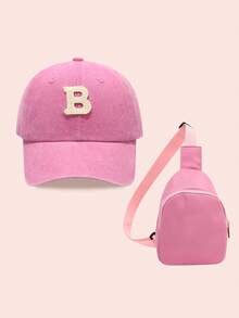 2pcs/Set Girls Letter Print Pink Baseball Cap & Bag, Boys Breathable Casual Wear Outfit For Everyday & Outdoor