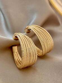 1 Pair Fashionable Exaggerated C-Shaped Gold Hoop Earrings, Elegant Multi-Layer Circle Dangle Earrings For Women - Gold - View 2