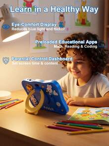 Qetupa Tablet Anak Android 15 7 Inci, Desain Kelinci, Dengan Casing Pelindung Anti Guncangan, RAM 4GB + ROM 64GB (Mendukung Penyimpanan yang Dapat Diperluas hingga 1TB), Layar Sentuh IPS 1024*600, Baterai 4000mAh, Kamera Ganda 0.5MP + 2.0MP (Adaptor Tidak Termasuk) - Biru - View 6