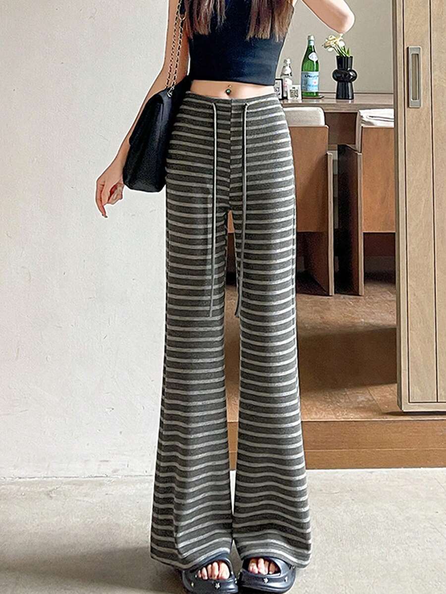 女士条纹喇叭休闲运动裤，高腰显瘦宽松版型，春季新款 - 灰色 - 查看 1