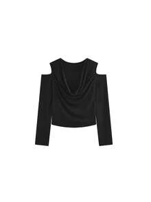 Kaos Lengan Panjang Warna Polos Model Slim Fit dengan Bahu Terbuka, Gaya Kasual Hitam - Hitam - View 6