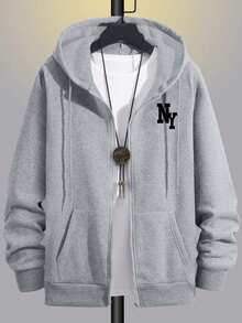 Men's Casual NY Element Print Zip-Up Hoodie Sweatshirt, Fashionable Street Style, Versatile, Thermal Lined, Autumn/Winter - Grey - View 3