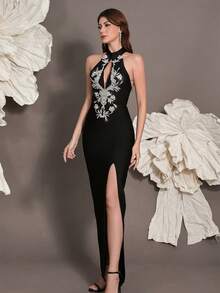 Handmade Beaded Backless Knit Bandage Dress, Luxury European Style, Sexy Fitted Cocktail Party Gown For Family Holidays - Black - View 3