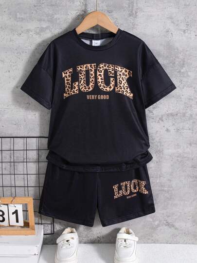 2pcs Girls Casual Leopard Print Letter Decor Drop Shoulder Short Sleeve Top And Elastic Waist Shorts Set, Spring/Summer