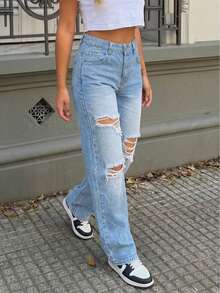 Women's Boyfriend Ripped Loose Straight Jeans - Light Wash - View 4