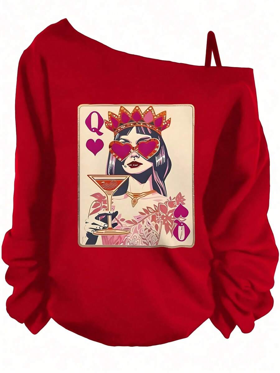 Valentine's Day Queen Of Hearts Graphic Off-The-Shoulder Sweatshirt, Cocktail-Themed, Whimsical Y2K Style Perfect For Date Night, Party - Đỏ - Xem 1
