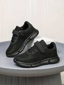 1 Pair New Kids Hook & Loop Sports Shoes, Breathable Mesh Upper, Non-Stuffy, Black, Soft Sole, Comfortable, Durable, Versatile Casual Sneakers For Boys And Girls, Ultra Lightweight, Soft Sole, Shock Absorbing - Black - View 5