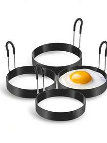 1 pieza Molde para huevo frito de acero inoxidable, aro redondo para huevo con mango de silicona, molde antiadherente para cocinar huevos - Negro - Ver 12