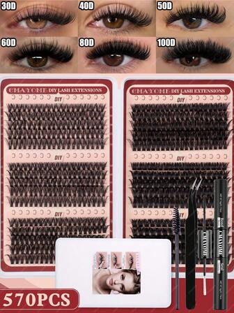 Juego de extensiones de pestañas postizas rizado en D, 600/570/490/450 piezas, 10D+20D+30D+40D/50D+60D+80D+100D, múltiples mezclas de pestañas gruesas y tupidas, mechones de pestañas suaves, con maquillaje natural para ojos, longitud de 8-16 mm, adecuado para fibra de mink delgada e impermeable, efecto 3D natural