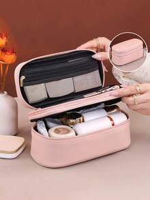 1pc Double Layer Large Capacity PU Cosmetic Bag, Women Travel Makeup Organizer Pouch - Multicolor - View 16