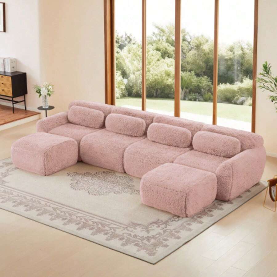 These Modular Sofas, Keine Assembly, Free Combinations, Atmungsaktiver Plüschstoff, Rutschfester Boden, Mit Kissen. Ergonomische Understand, High-Quality Structure, Designed For Living Conditions - Pink - View 1