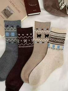 4 Pairs Women's Thick Warm Fair Isle Pattern Mid-Calf Socks, Versatile Ins-Style Socks For Autumn/Winter - Multicolor - View 7