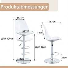 Set Of 2 Modern, Adjustable Bar Stools With Transparent Plastic Backrests, Faux Leather Seats, And Silver Metal Legs. Height-Adjustable And 360° Swivel, They Are Suitable For Kitchens And Bistros. - Transparent + Silver - View 8