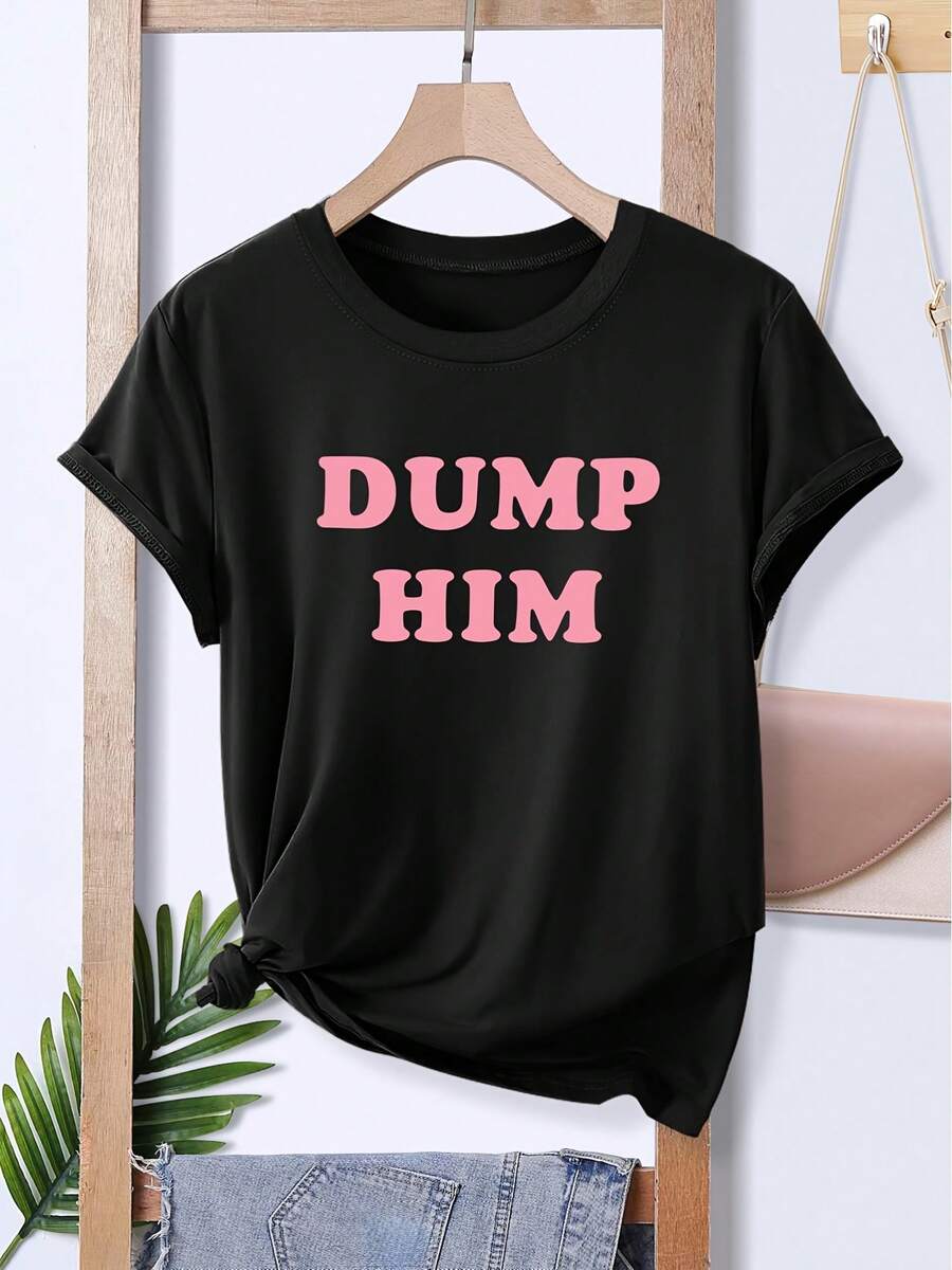 [Sporty T-Shirt]Dump Him Pink Vintage Style Fashion Simple Fresh Floral Print Pattern Spring Summer Round Neck Short Sleeve Women'S Casual Sports T-Shirt |   Relaxed Fit |   Plus Size - trắng - Xem 1