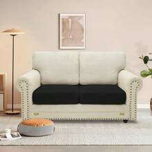 MAXIJIN Velvet Stretch Cushion Covers Couch Cushion Slipcovers Loveseat Sofa Sest Covers For Individual Cushions With Elastic Bottom (2 Piece Loveseat Seat Slipcovers, Black) - 黑色的 - 查看 3