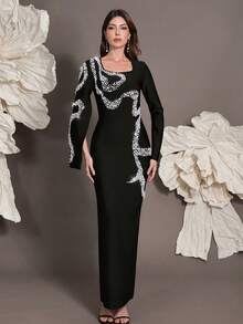 Luxury Sexy Bodycon Bandage Knit Dress, Beaded, Crew Neck, Long Sleeve, Suitable For Holiday, Family Gathering, Evening Party, Cocktail - Black - View 2