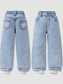 Light Blue Bow Embroidered Wide Leg Jeans, Elastic Waist Loose Casual Denim Pants For Young Girl - Blue - View 2