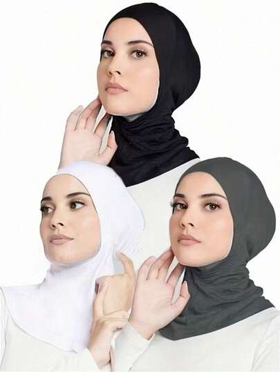 3pcs Women Fashion Solid Color Combo Set, Elastic Chin Cover, Convenient Hijab, Scarf, Headscarf, Abaya Robe, Suitable For Daily Wear
