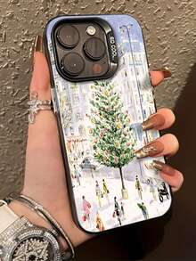 Árbol de Navidad decorado en la ciudad nevada con gente. funda de móvil de láser Elemento de diseño de funda para teléfono,  ideal como regalo para cumpleaños, para mamá, familiares, amig - Blanco - Ver 1