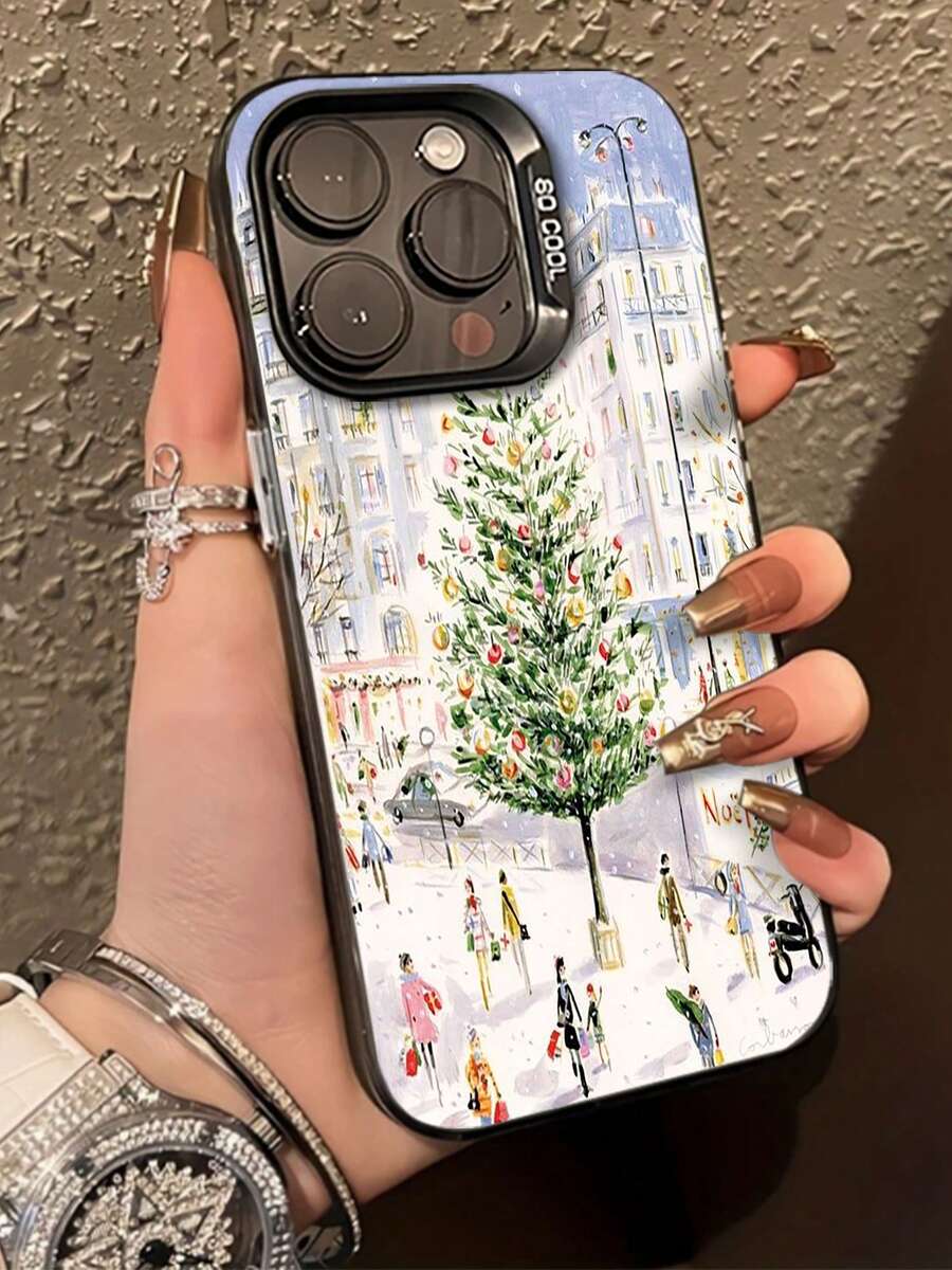 Árbol de Navidad decorado en la ciudad nevada con gente. funda de móvil de láser Elemento de diseño de funda para teléfono,  ideal como regalo para cumpleaños, para mamá, familiares, amig - Blanco - Ver 1