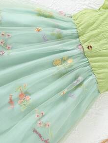 女童优雅夏季连衣裙 - 浅绿色花卉刺绣网纱连衣裙，泡泡袖，仿纽扣和荷叶边细节，适合春夏穿着 - 薄荷綠 - 查看 7