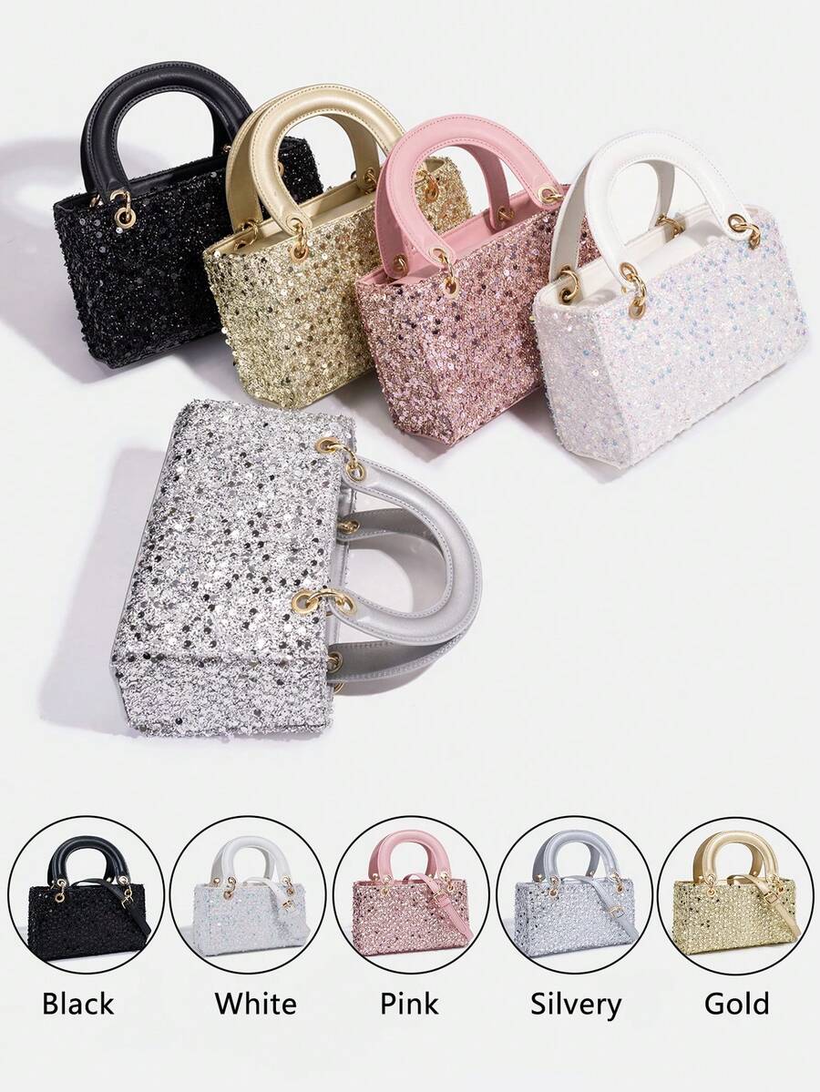 1 chiếc túi xách thời trang đính sequin thanh lịch mới dành cho bé gái, túi đeo vai cao cấp, túi dây xích, ví đựng tiền xu, ví tiền, túi đeo vai có dây điều chỉnh, túi dự tiệc, thích hợp cho sử dụng hàng ngày, dự tiệc, du lịch, quà tặng lý tưởng. - Túi xách đính sequin nằm ngang - Xem 1