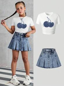 Bộ đồ bé gái in hình hoạt hình tay ngắn và chân váy mini denim - trắng - Xem 7