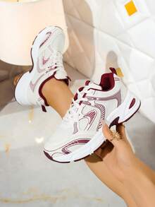 New Women Casual Sneakers, Chunky Sneakers, Shoes, White Shoes, Lace-Up Round Toe Mixed Material Breathable Versatile Printed Graffiti College Style Student Outdoor Hiking Casual Commuting Shoes - Màu đỏ đậm - Xem 6