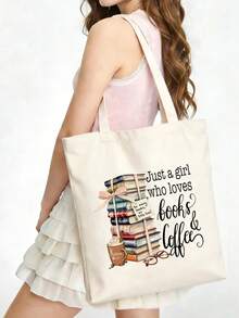 1/2pcs Set Large Capacity Beige Canvas Floral & Book Themed Printed Tote Bag And Zipper Storage Bag Set, Fashionable Floral & Book Themed Shoulder Bag, Shoulder Bag, Multifunctional Portable Travel Storage Makeup Set, Suitable For Back To School, Graduation, Travel, Birthday, Anniversary, Teacher's Day, Thank You Gifts, Essential For Students And Teachers, Great For Travel