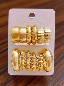 6 Pairs Women's Gold Hoop Earrings Set, Thick C-Shaped Asymmetrical Circle Textured Earrings Set - Gold - View 1