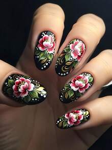 24pcs Pink Floral Plant Pattern Nail Stickers, False Nails, Nail Art Supplies, Y2K Style Nails, Almond Shaped Nails - Pink - View 1