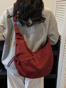 日式纯色尼龙单肩包，时尚褶皱蝴蝶结拉链斜挎包，适合上学/大学/休闲通勤的新月形可折叠手提包 - 彩色 - 查看 18
