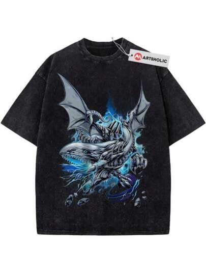 Camiseta de estilo urbano de la marca Washed Street para hombres |     Diseño de Impresión de Dragón y Tiburón, Conjunto Casual Diario, Impresión de Doble Cara, Camiseta Vintage de Peso Pesado, Regalo Perfecto, Suelta, Cómoda y Transpirable cosplay