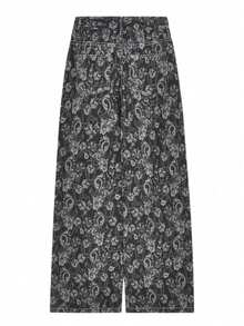 复古印花休闲牛仔裤，宽松显瘦阔腿裤，春秋季款 - 黑色 - 查看 4