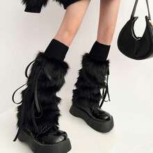 2026 NEW Y2K Warm Faux Fur Furry Leg Warmers Women, Winter Fuzzy Long Boot Cuff Covers 15.7in Bow Fluffy Leg Warmers, - 黑色 - 查看 2