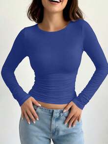 Women's Casual Slim Fit Round Neck Long Sleeve T-Shirt - Royal Blue - View 1