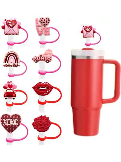 5 قطع/عبوة غطاء قش على شكل قلب لأكواب عيد الحب، أغطية قش سيليكون لأكواب وزجاجات المياه، أغطية واقية