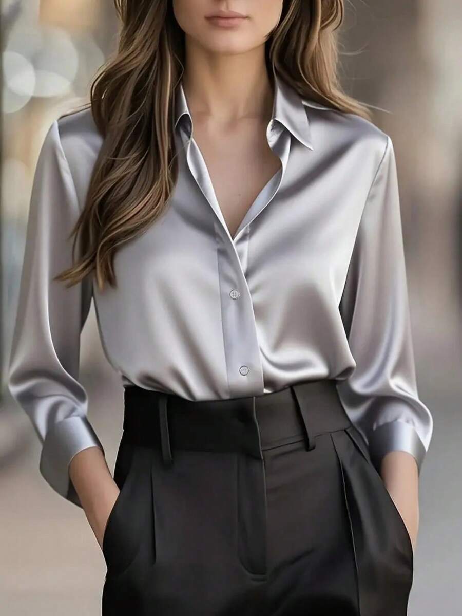 Blus Satin Polos Elegan untuk Wanita, Atasan Lengan Panjang Klasik dan Serbaguna Kelas Atas, Kain Satin, Lembut dan Halus, Dapat Dicuci dengan Mesin, Cocok untuk Kantor atau Acara Formal, Sempurna untuk Semua Musim Semi - Perak - View 1
