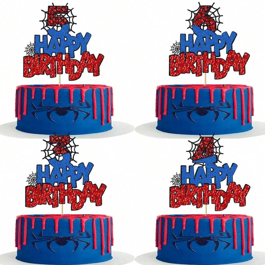 1pc 3/4/5/6 Years Old Birthday Cake Topper - Glitter Spider Web, Celebrate 3/4/5/6 Years Old Birthday, Birthday Cake Toppers, Spider Party Decor, Suitable For 3/4/5/6 Years Old Birthday Party Cake Decorations - Multicolor - View 1
